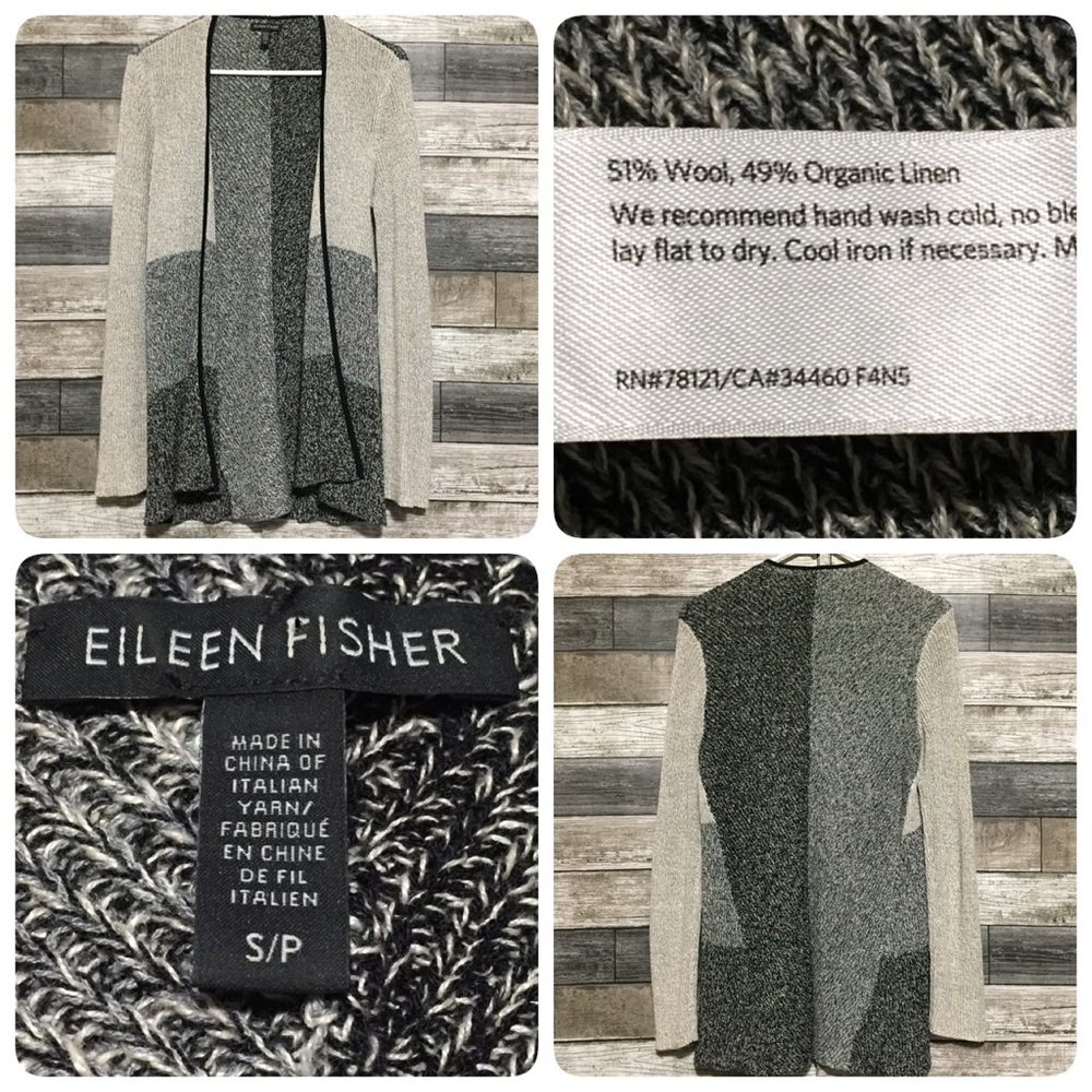 Eileen Fisher Open Front Cardigan Sweater Women’s S Wool Organic Linen.